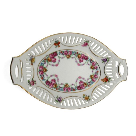 GERMAN Floral Rose Oval Reticulated Ceramic Candy DISH Vintage - Picture 4 of 8